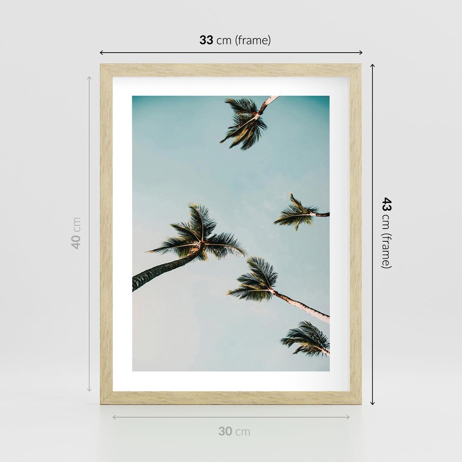 Plakat w ramie 30x40 - Palmy i Niebo - palmy, ujęcie z dołu - rama drewno