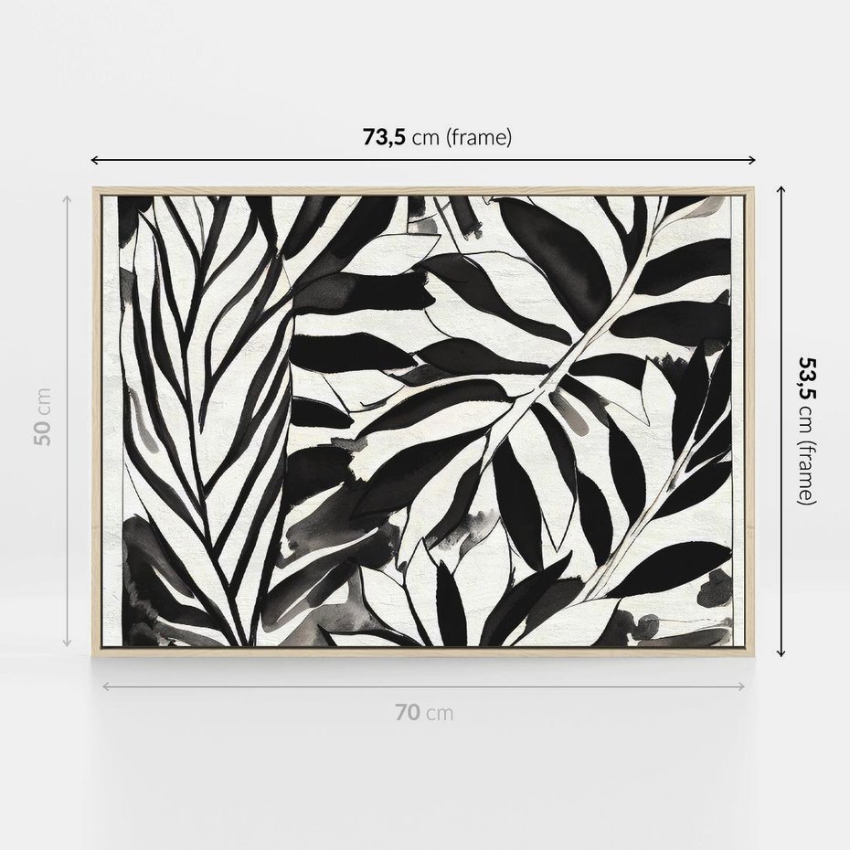 Obraz w ramie 70x50 - Czarne Liście - akwarelowy obraz, czarno biały - rama drewno