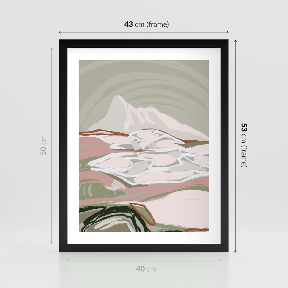 Plakat w ramie 40x50 - Szarawe Wzgórza - pastelowy krajobraz, nowoczesny plakat - rama czarna