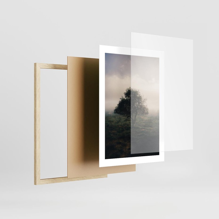 Plakat w ramie 30x40 - Zamglona Prostota - artystyczna fotografia, samotne drzewo na zamglonej łące - rama drewno