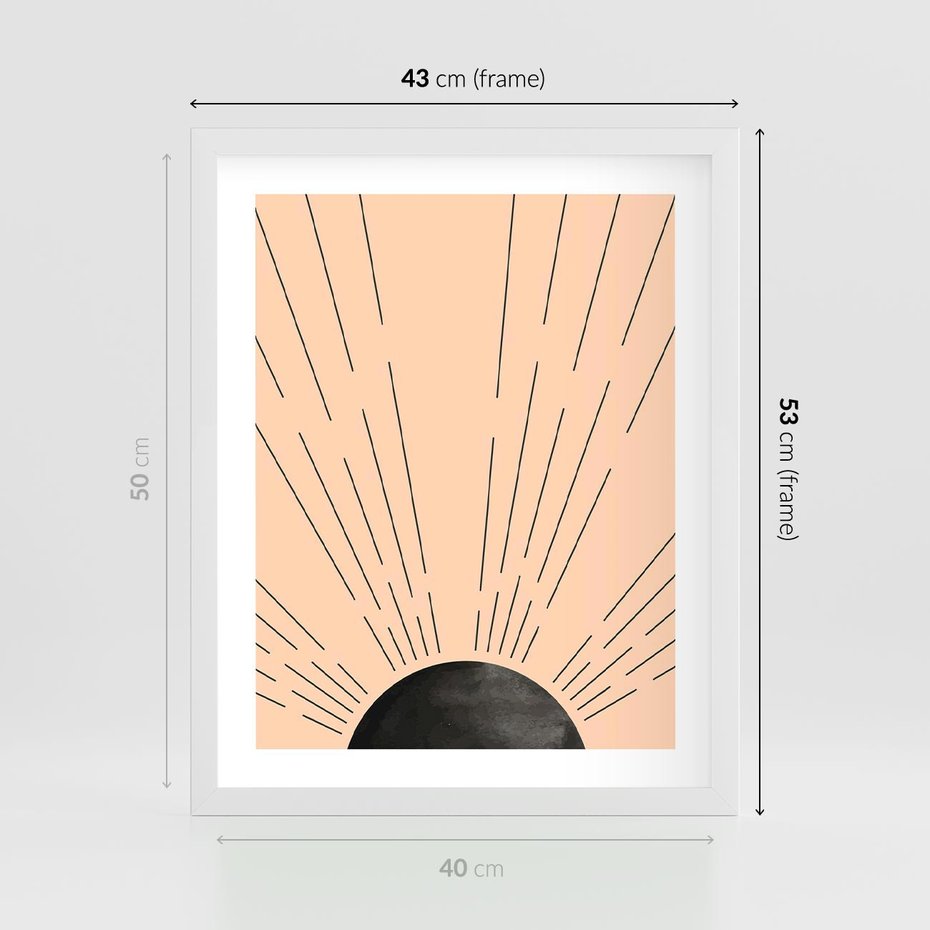 Plakat w ramie 40x50 - Migocące Kształty Promieni - boho czarne słońce, nowoczesna grafika - rama biała