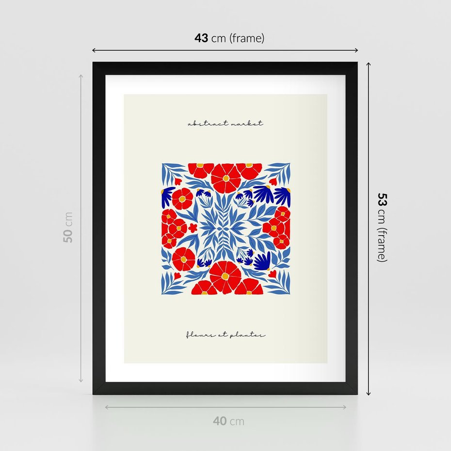 Plakat w ramie 40x50 - Tajemnicza Droga - nowoczesna kwiatowa kompozycja, czerwony i niebieski - rama czarna