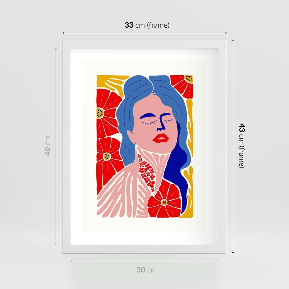 Plakat w ramie 30x40 - Nowoczesna Twarz - nowoczesna grafika, kolorowa twarz kobiety - rama biała