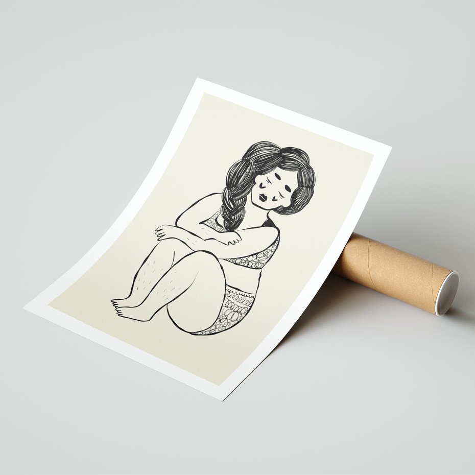 Plakat bez ramy 21x30 - Migotliwe Refleksje - nowoczesny minimalistyczny rysunek, dziewczyna w bieliźnie