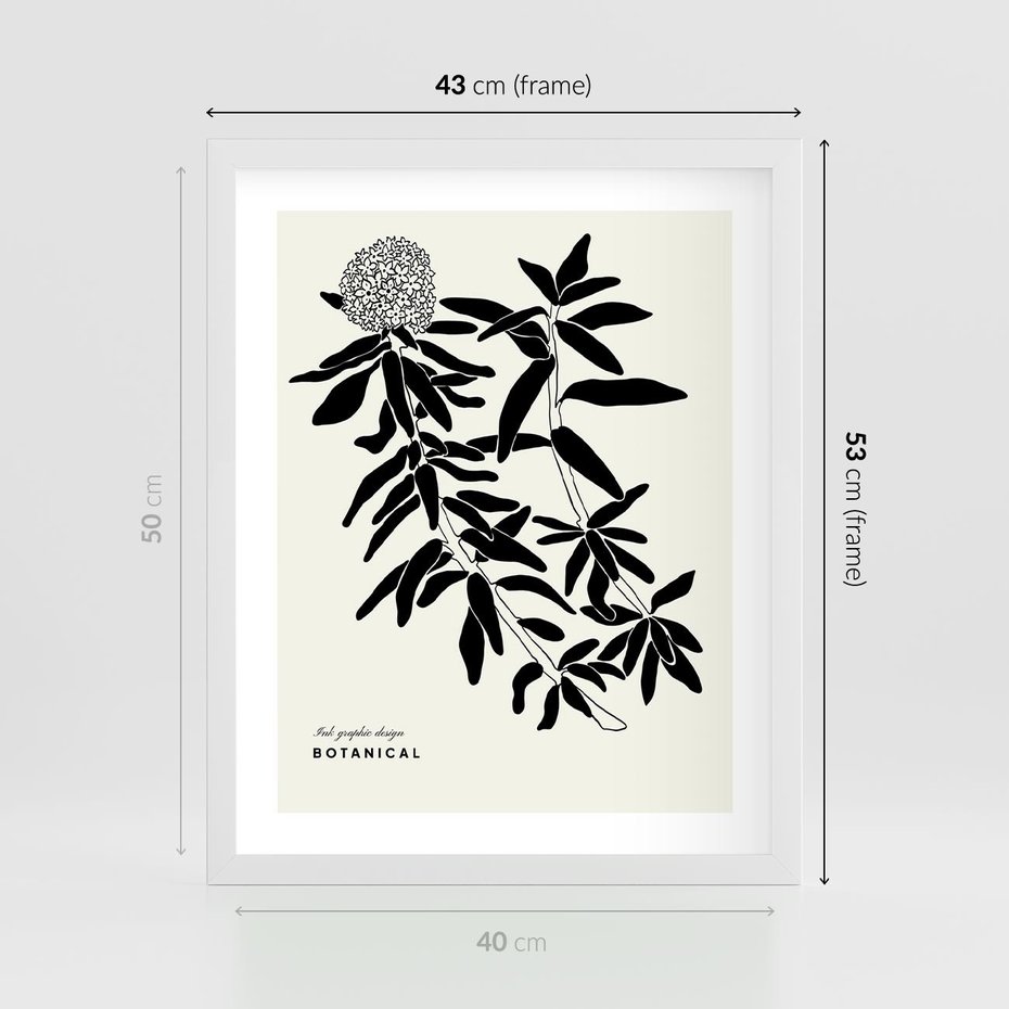 Plakat w ramie 40x50 - Szept kwiatowej wyobraźni - czarno biała grafika, roślinność - rama biała