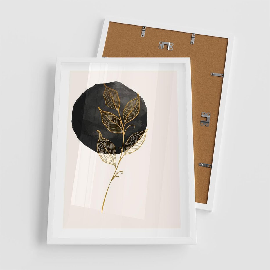 Plakat w ramie 50x70 - Złoty Liść na Czarnej Plamie - grafika, złoty liść - rama biała