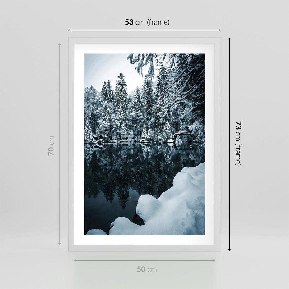 Plakat w ramie 50x70 - Zima nad Jeziorem - krajobraz zimowy, jezioro - rama biała