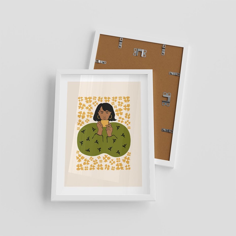 Plakat w ramie 30x40 - Wewnętrzne Fale - nowoczesny plakat, kobieta otoczona liśćmi - rama biała