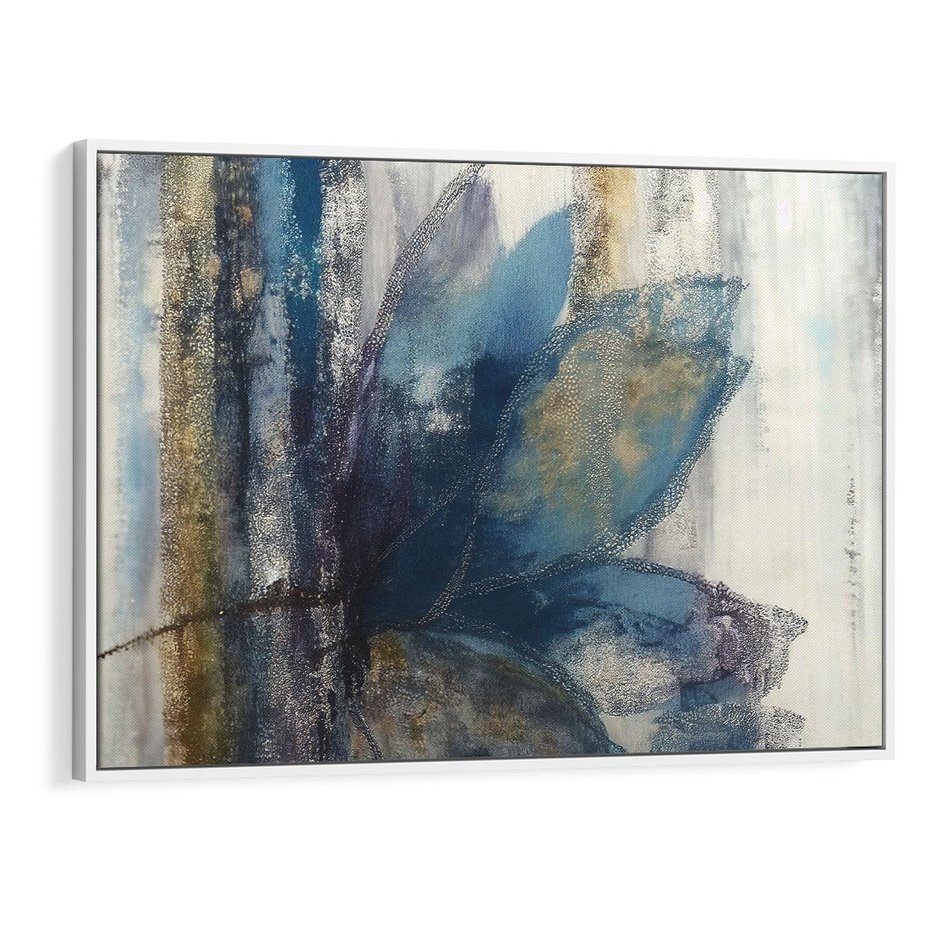 Obraz w ramie 100x70 - Tekstura Kwiatu - olejny obraz, niebieski kwiat - rama biała