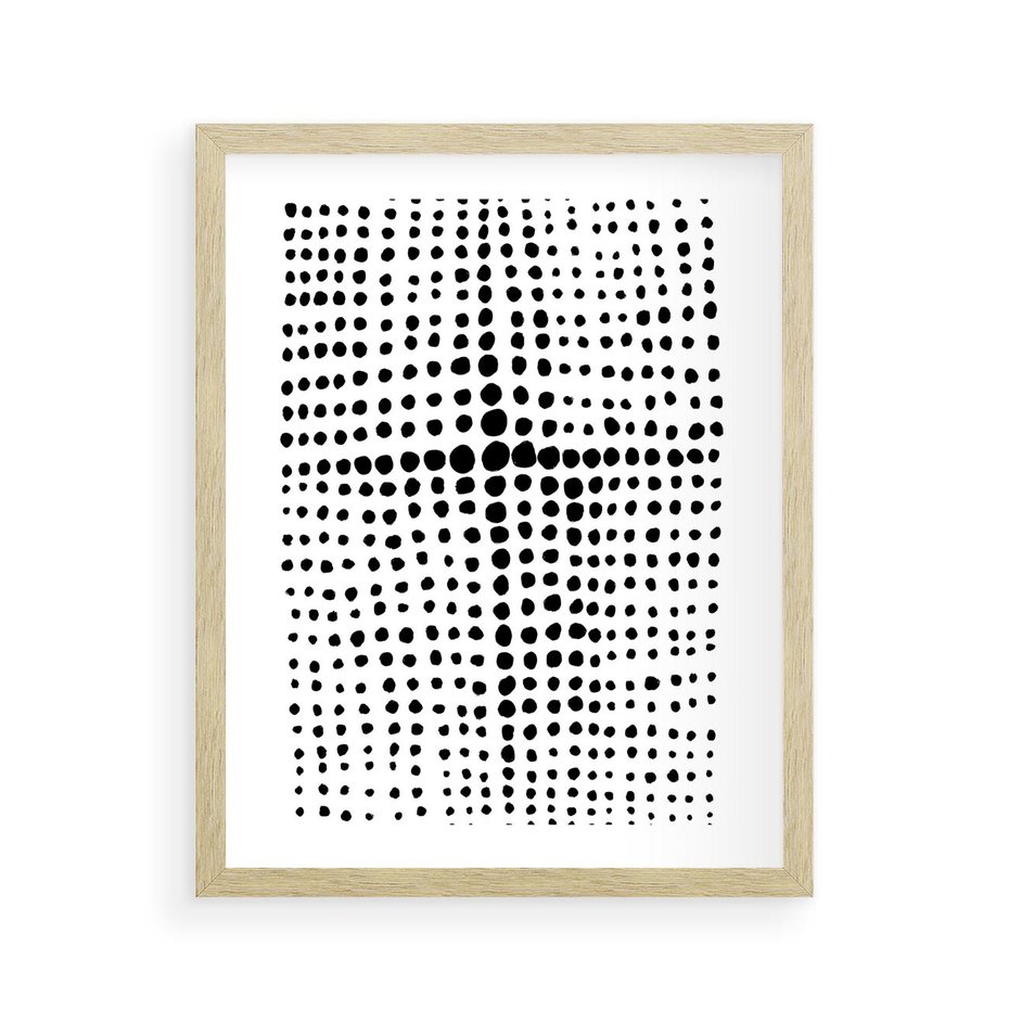 Plakat w ramie 40x50 - Refleksje Monochromatycznych Widoków - abstrakcyjna kompozycja z czarnych kropek, minimalistyczny czarno bialy plakat - rama drewno