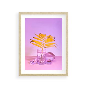 Plakat w ramie 50x70 - Neonowy Liść Palmy na Fotografii - neonowa fotografia, liść palmy w szklance - rama drewno