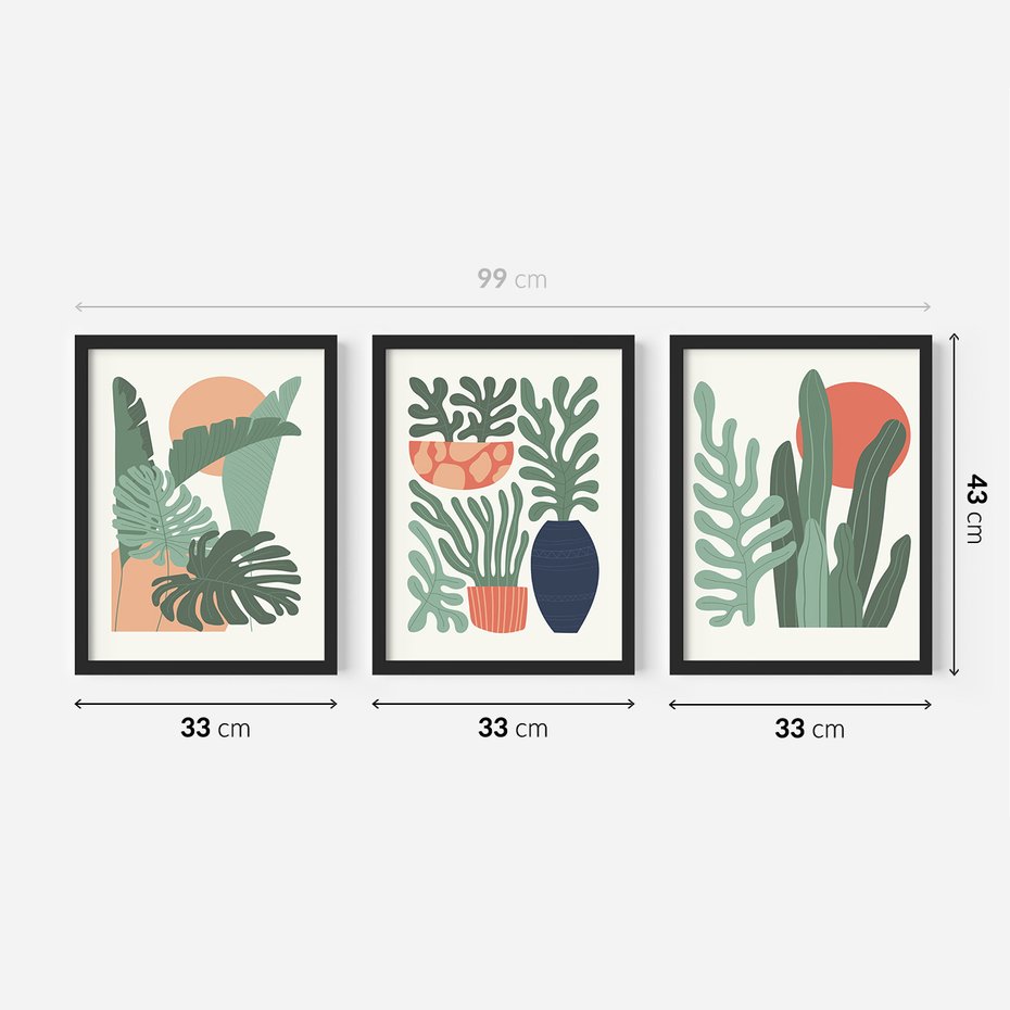 Zestaw obrazy w ramie 30x40 galeria - Liście, graficzne, boho, monstera - rama czarna