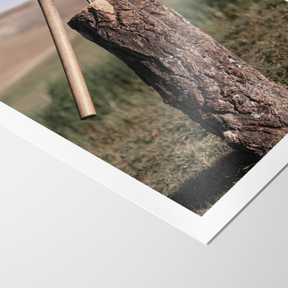 Plakat bez ramy 30x40 - Rustykalna Praktyczność: Fotografia Siekiery - rustykalna fotografia, siekiera wbita w pieniek
