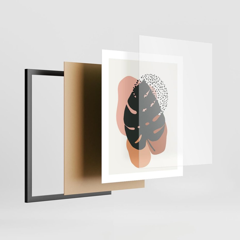 Plakat w ramie 40x50 - Minimalizm w Liściach Monstery: Plamy i Kropki - minimalizm, monstera plamy - rama czarna