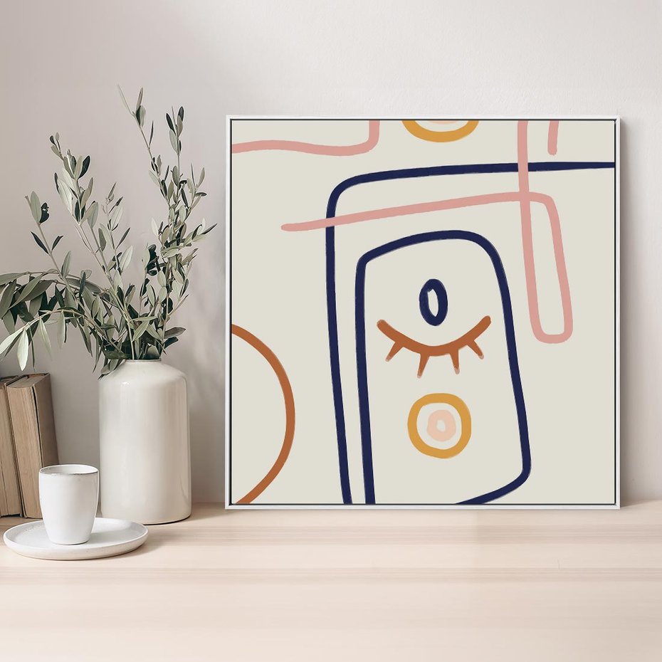 Obraz w ramie 80x80 - Manifestacje Dziwności - abstrakcja w stylu picasso, beżowe tło - rama biała