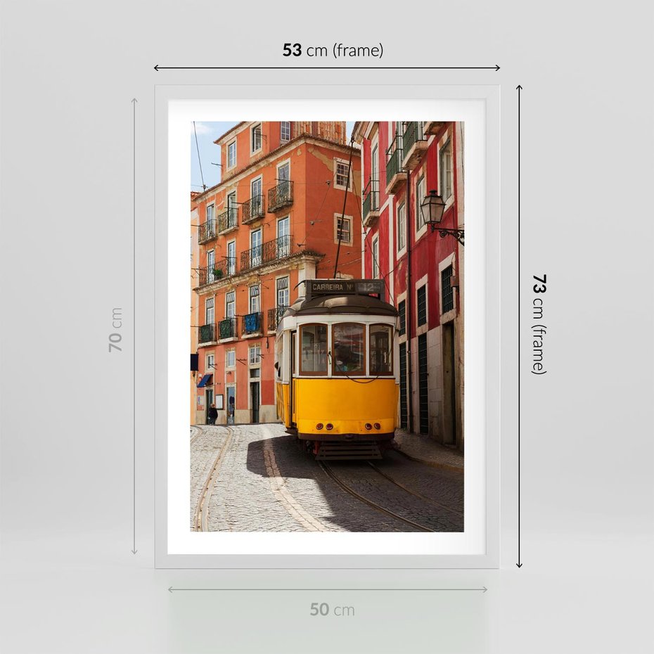 Plakat w ramie 50x70 - Urok tramwaju w Lizbonie - Lizbona, tramwaj - rama biała