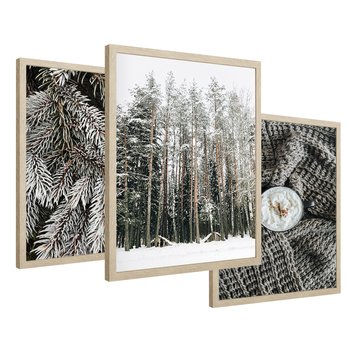 Zestaw obrazy w ramie 30x40 galeria - Las, zima, kawa - rama drewno
