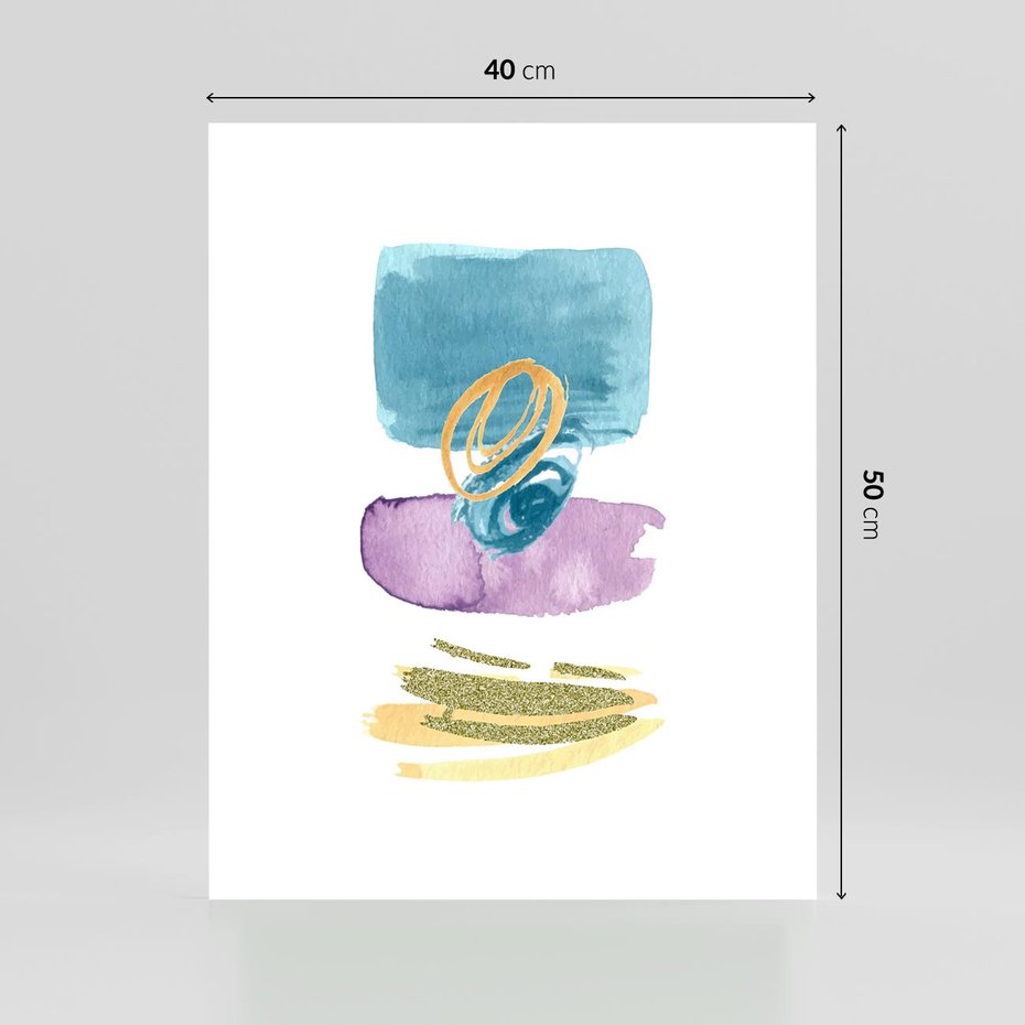 Plakat bez ramy 40x50 - Taniec Akwarelowych Kresek - akwarelowe plamy w odcieniach błękitu, złote kreski