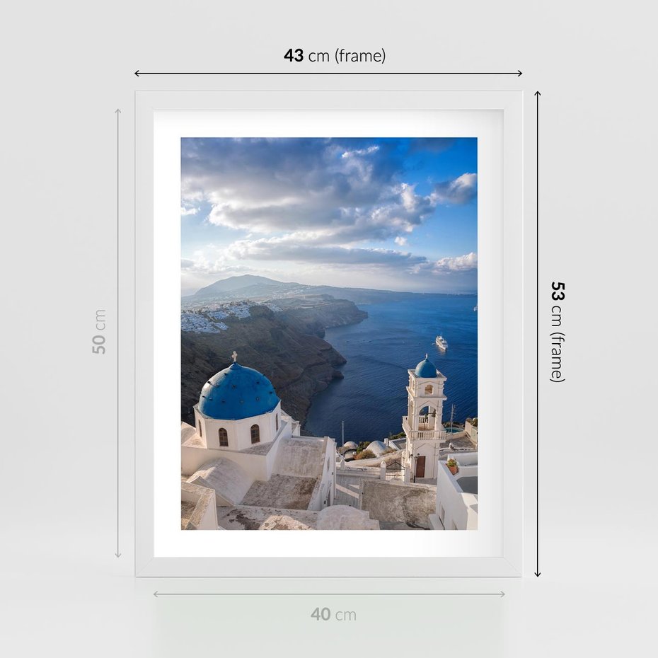 Plakat w ramie 40x50 - Błękitne Przezycia - Santorini, morze - rama biała