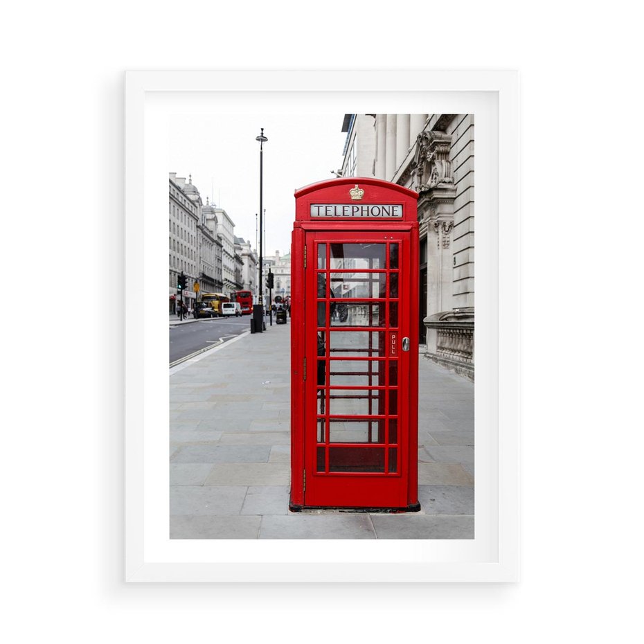 Plakat w ramie 50x70 - Londyńska budka w perspektywie - budka, Londyn - rama biała
