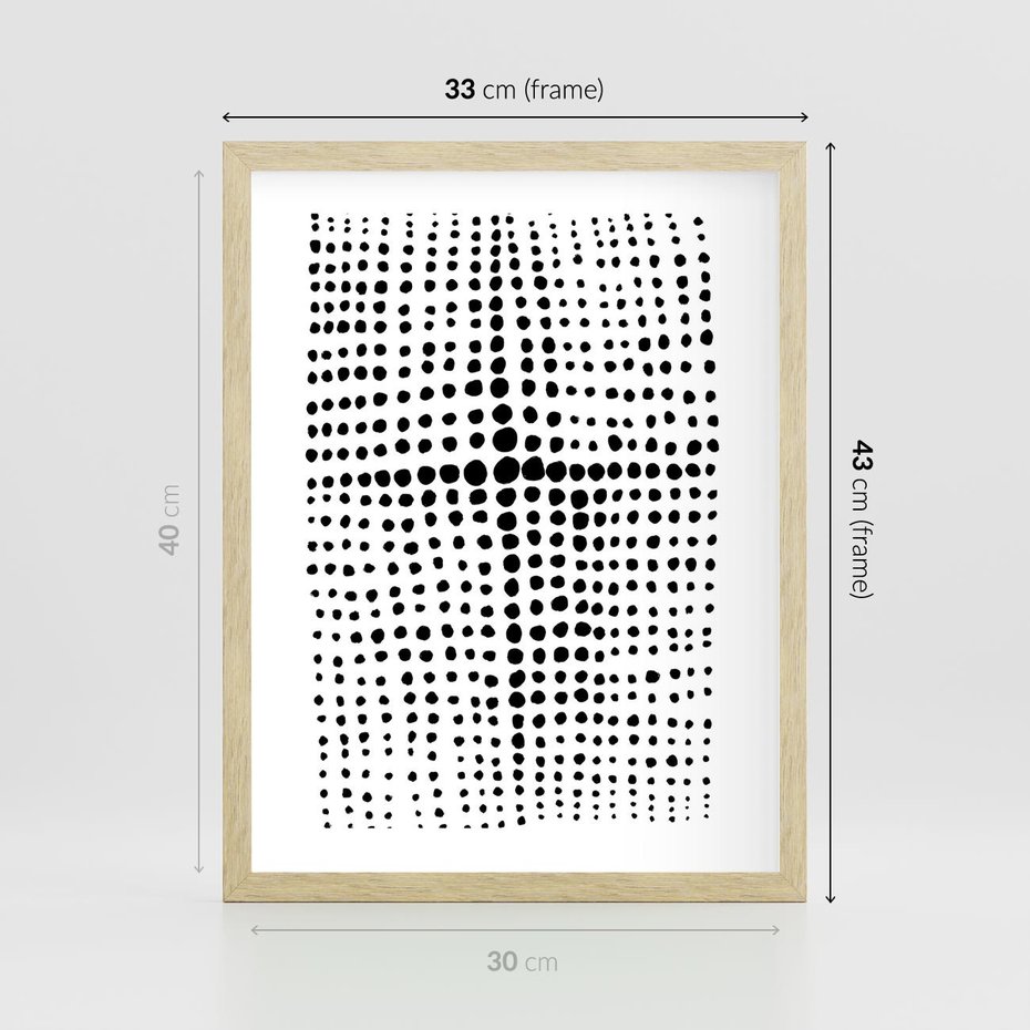 Plakat w ramie 30x40 - Refleksje Monochromatycznych Widoków - abstrakcyjna kompozycja z czarnych kropek, minimalistyczny czarno bialy plakat - rama drewno