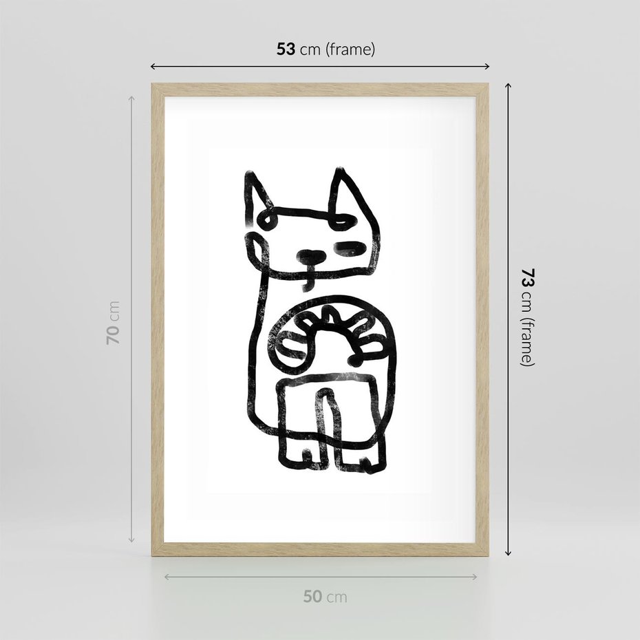 Plakat w ramie 50x70 - Portret Kociej Duszy - szkic kota, prymitywizm - rama drewno