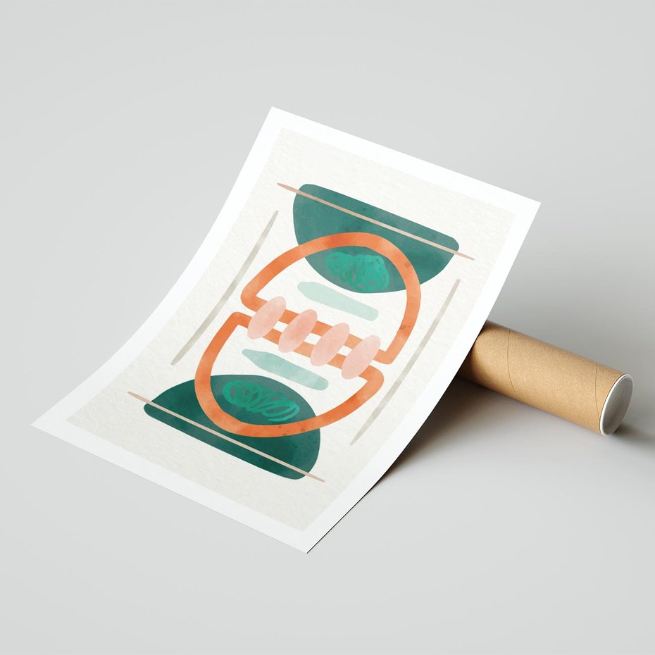 Plakat bez ramy 21x30 - Oryginalny obraz abstrakcyjny w nowoczesnym stylu. Geometryczne akwarelowe kształty w intensywnych odcieniach zieleni i pomarańczu. Doskonała dekoracja dla miłośników sztuki. - abstrakcyjny obraz, sztuka nowoczesna