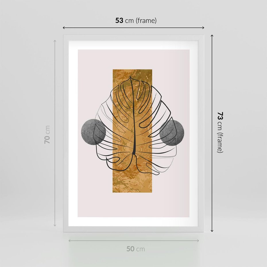 Plakat w ramie 50x70 - Minimalistyczna Monstera: Złoty Prostokąt - liść monstery, minimalizm - rama biała