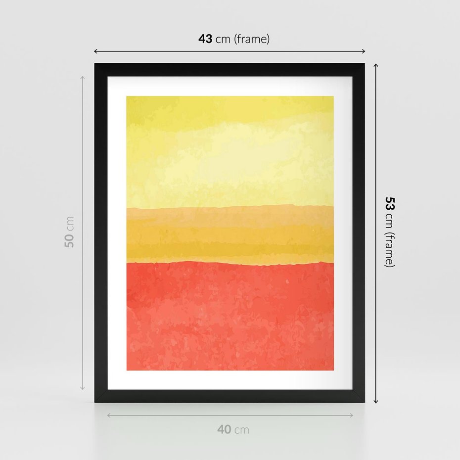 Plakat w ramie 40x50 - Rozmyte Odbicia - kolorowe akwarelowe pasy, odcienie żółci i czerwieni - rama czarna