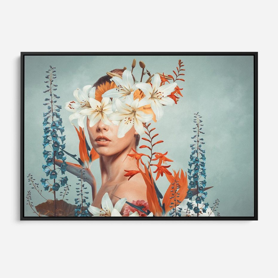 Obraz w ramie 100x70 - Kwiatowa Enklawa Uroku - kolaż, nierealna kompozycja - rama czarna