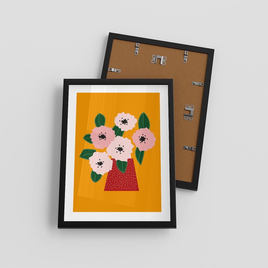 Plakat w ramie 30x40 - Harmonijne Granice - abstrakcyjne kwiaty, żółte tło - rama czarna