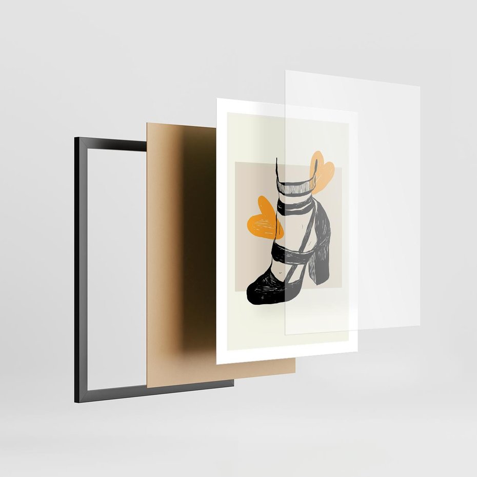 Plakat w ramie 50x70 - Elegancja w Szkicu: Stopa w Bucie na Obcasie - grafika, czarny szkic - rama czarna