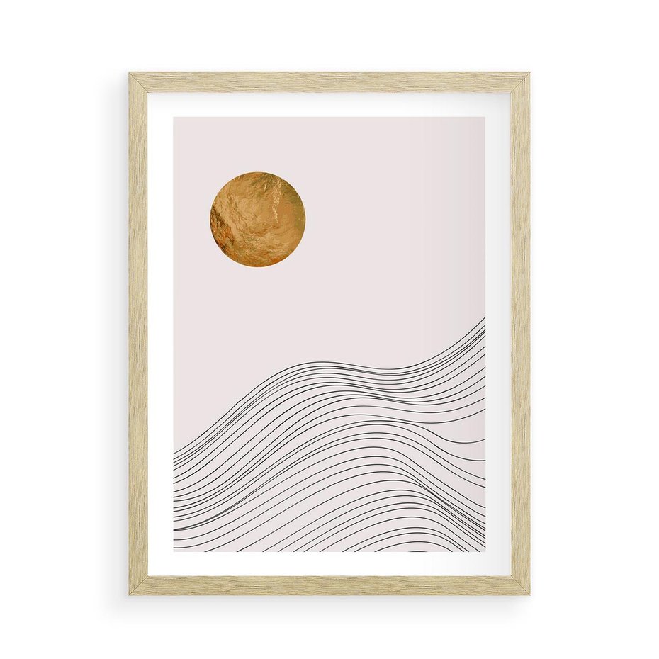 Plakat w ramie 50x70 - Minimalistyczne Słońce: Blask i Złoto - grafika, minimalizm - rama drewno