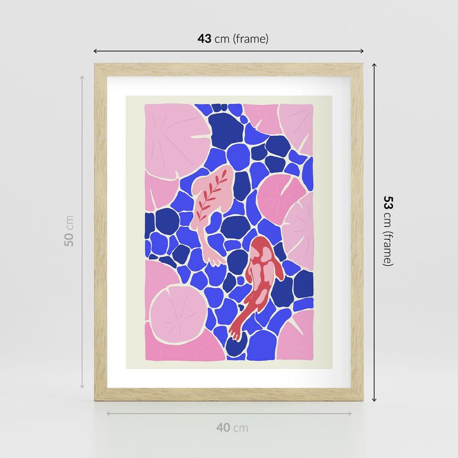 Plakat w ramie 40x50 - Rzeka Abstrakcji - abstrakcyjna kompozycja, różowe ryby wśród rafy - rama drewno