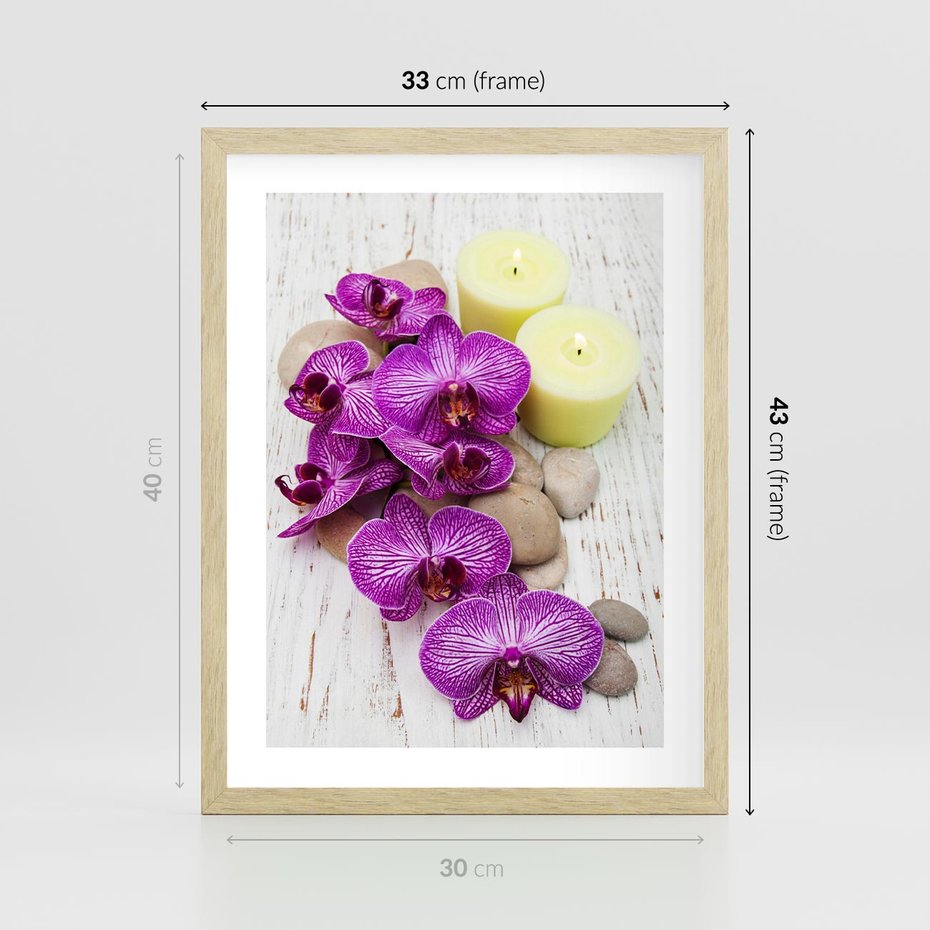 Plakat w ramie 30x40 - Relaksujące spa w otoczeniu orchidei - spa, świece - rama drewno