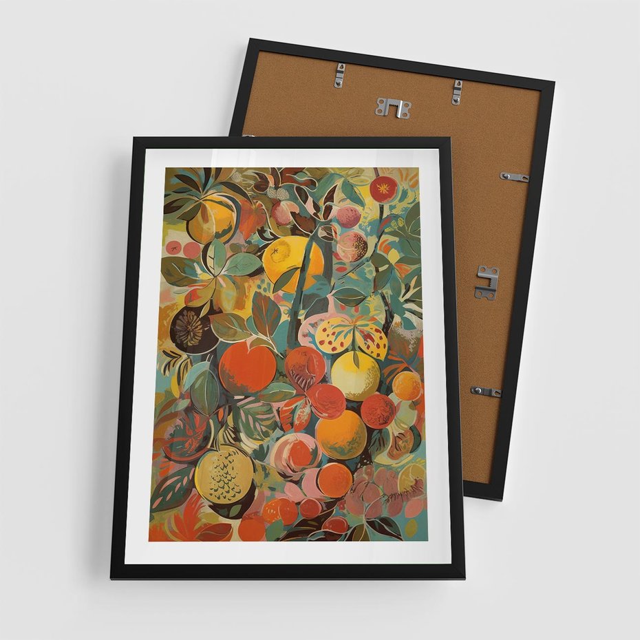 Plakat w ramie 50x70 - Księga Surrealnych Wyobrażeń - abstrakcyjny obraz owoców, jak picasso - rama czarna