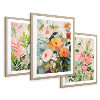 Zestaw obrazy w ramie 40x50 galeria - kwiaty, akwarela, pastele, liście - rama drewno