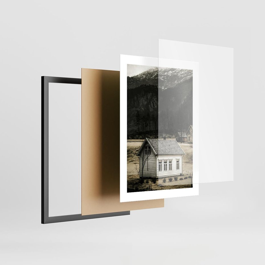 Plakat w ramie 30x40 - Ciepło i Urok Górskiego Domku - domek w górach, sepia - rama czarna