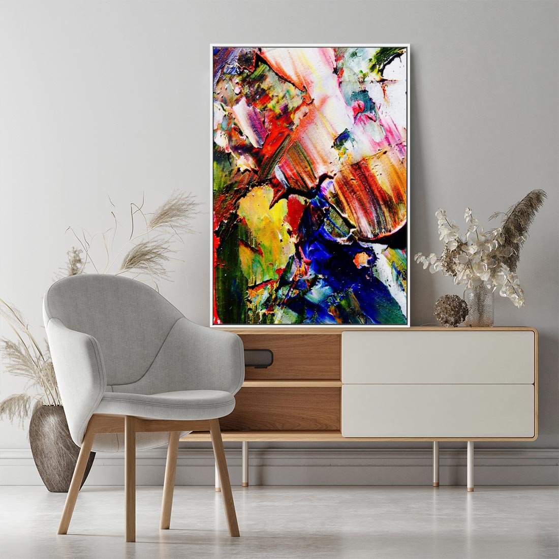 Obraz w ramie 80x120 - Szalejące ognie kolorów - abstrakcja, farby olejne - rama biała