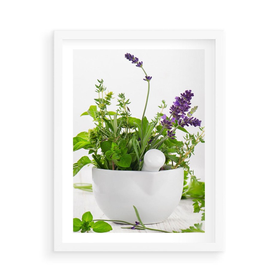 Plakat w ramie 50x70 - Kwiaty i zioła w restauracji - kwiaty, zioła - rama biała