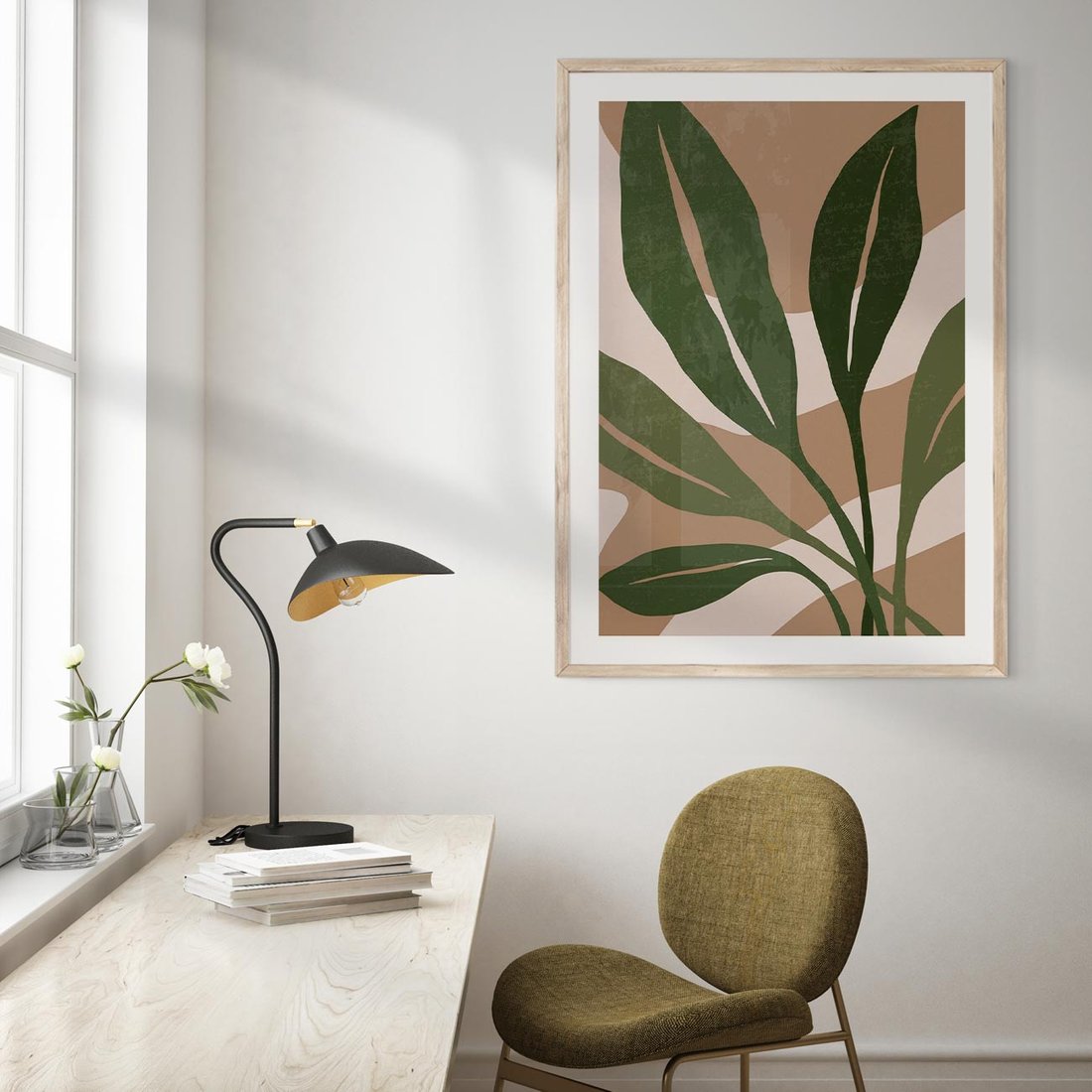 Plakat w ramie 30x40 - Nowoczesność Natury: Plakat z Zielonymi Liśćmi - nowoczesny plakat, beż - rama drewno