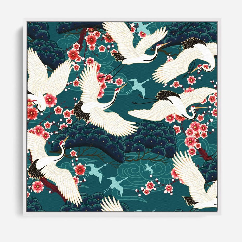Obraz w ramie 80x80 - Żurawie Wachlarze - orientalne japońskie żurawie, grafika - rama biała