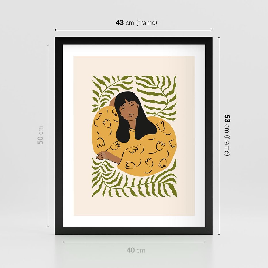 Plakat w ramie 40x50 - Malowane Odbicia Wyobraźni - nowoczesny plakat, kobieta otoczona liśćmi - rama czarna