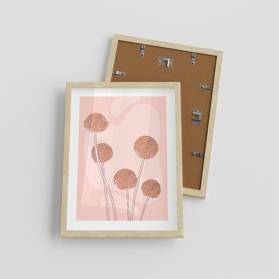 Plakat w ramie 30x40 - Rozkwitające Emocje - minimalistyczny plakat, pudrowe kwiaty - rama drewno