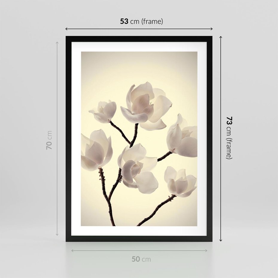 Plakat w ramie 50x70 - Elegancja Natury - magnolia, białe - rama czarna