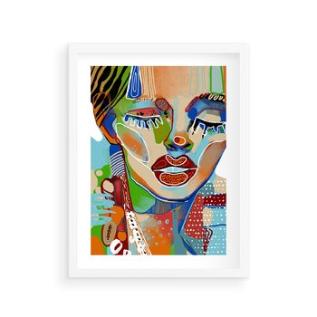 Plakat w ramie 40x50 - Kolorowe Formy - abstrakcyjny portret kobiety, twarz - rama biała