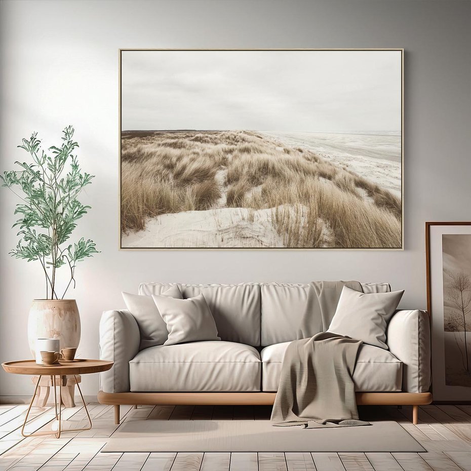 Obraz w ramie 70x50 - Nadmorskie Wydmy - fotografia, kolory sepii - rama drewno