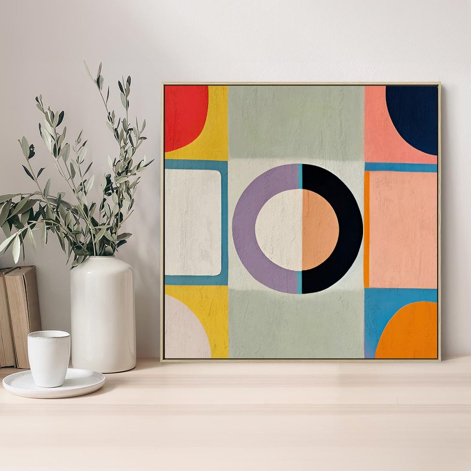 Obraz w ramie 80x80 - Taniec Kształtów Emocji - abstrakcyjne geometryczne kształty, olejny obraz - rama drewno