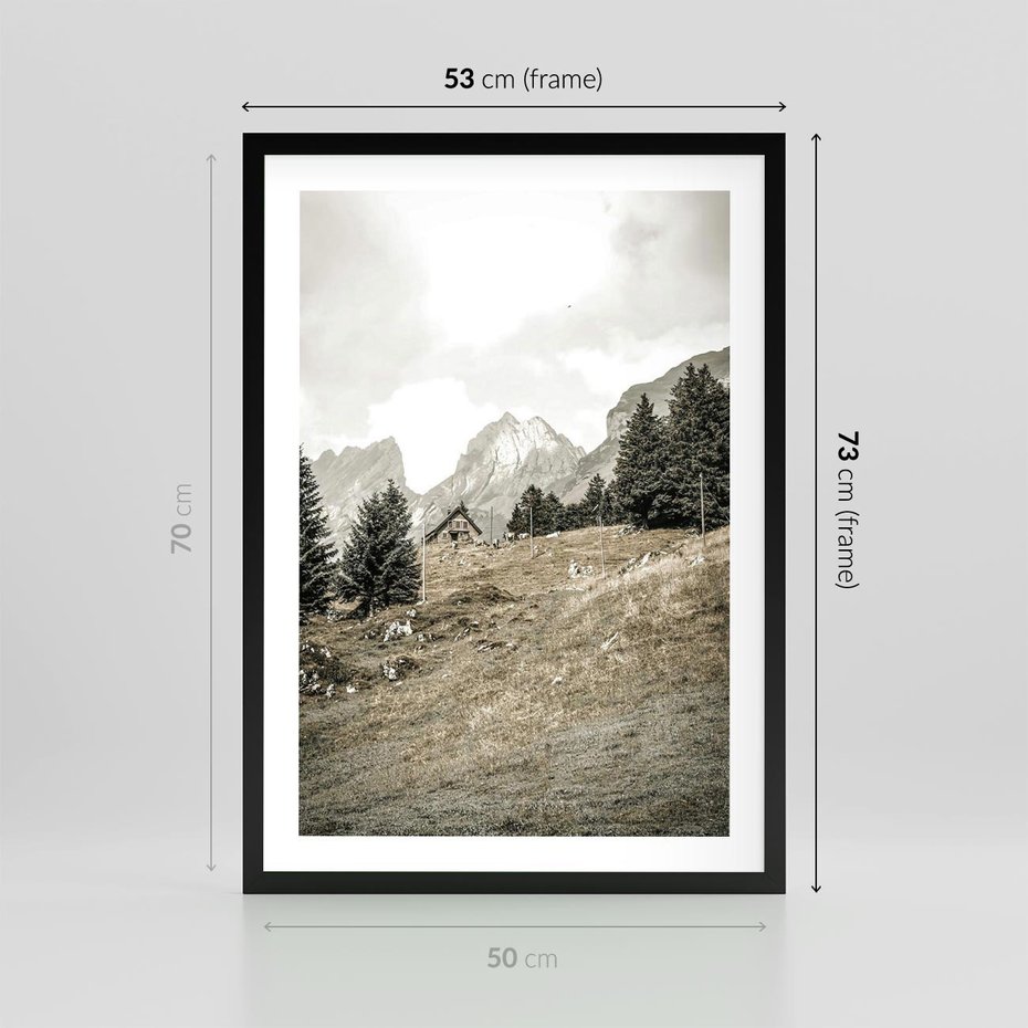 Plakat w ramie 50x70 - Krajobraz Sepii: Domek w Górach - domek w górach, góry - rama czarna