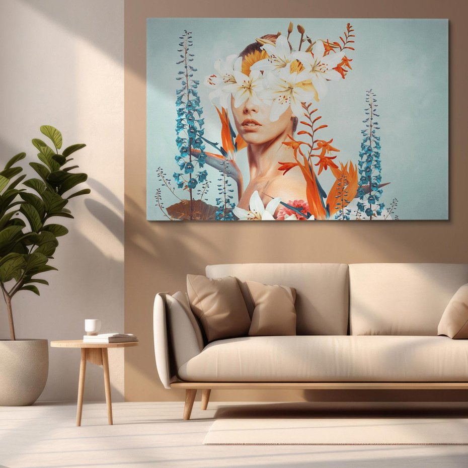 Obraz na płótnie 70x50 - Kwiatowa Enklawa Uroku - kolaż, nierealna kompozycja